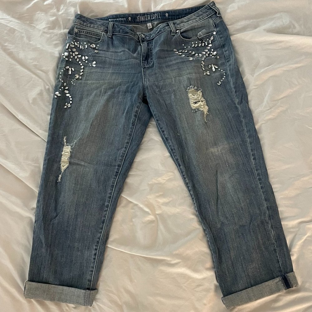 Jenifer Lopez Rhinestone and Ripped Boyfriend Jeans